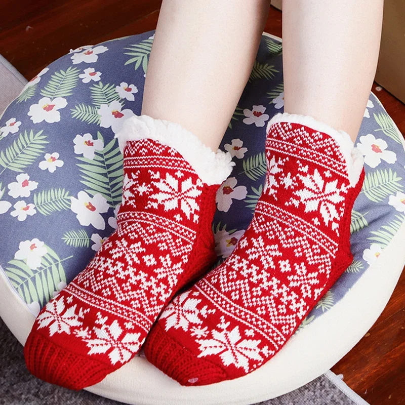 Fuzzy Fluffy Sock Women Winter Christmas Gift Warm Plush Non slip Home Sleeping Soft Female Floor Thermal Slipper Sock Snowflake