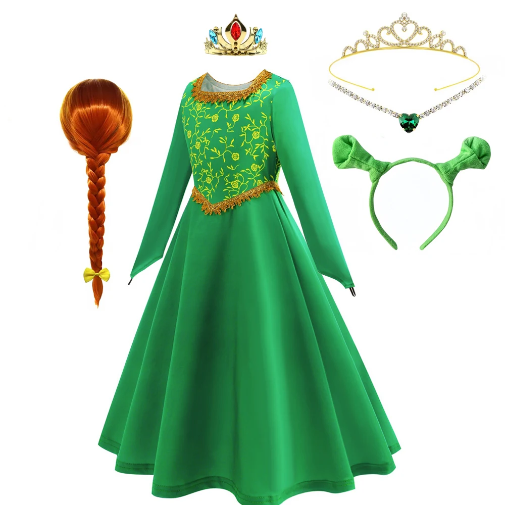 Fiona Kids Costume Girl Green Princess Dress Long Sleeve Halloween Fantasy Kids Print Elastic Carnival Disguise Outfits Gown