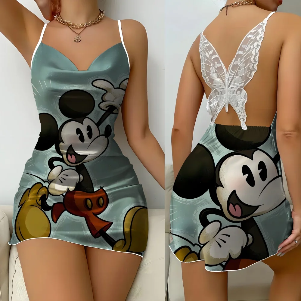 Mickey Pattern Women's Sleepwear New Butterfly Hollow Sleeveless Female Pajama Sexy Charming Suspender Sleeping Dress for Women