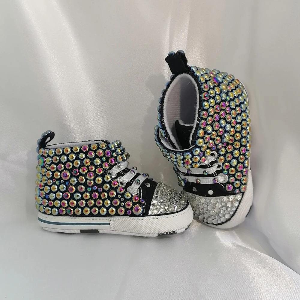 Handmade Bow Pearl Rhinestones Baby Girls Boys Shoes First Walker Sparkle Christmas Mermaid Crystals Princess Shoes Shower