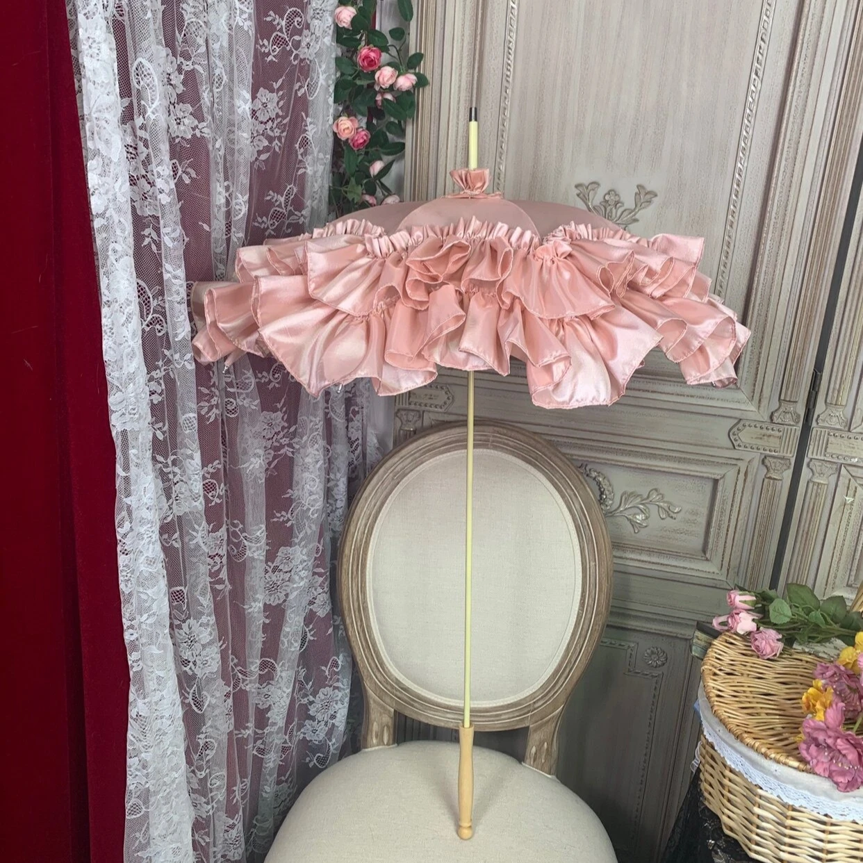 European Vintage Long Handmade Parasol, Lolita Umbrella, Wedding Photo Shooting Prop