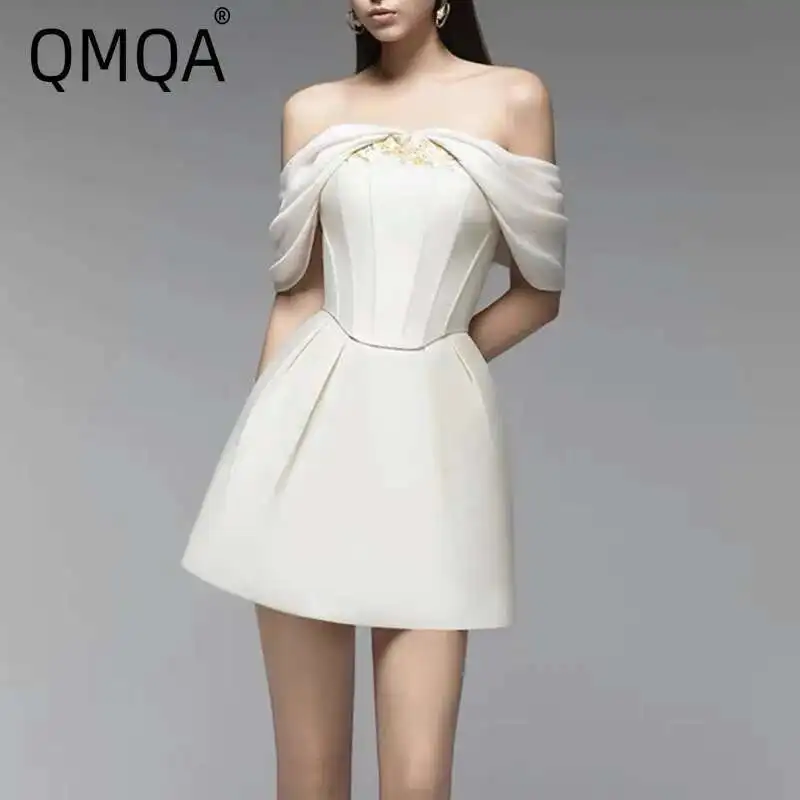 

QMQA Fashion Women's Elegant Dress Embroidered Spliced Slash Neck High Waist Slimming Evening Dresses 2025 Female Clothing QM532