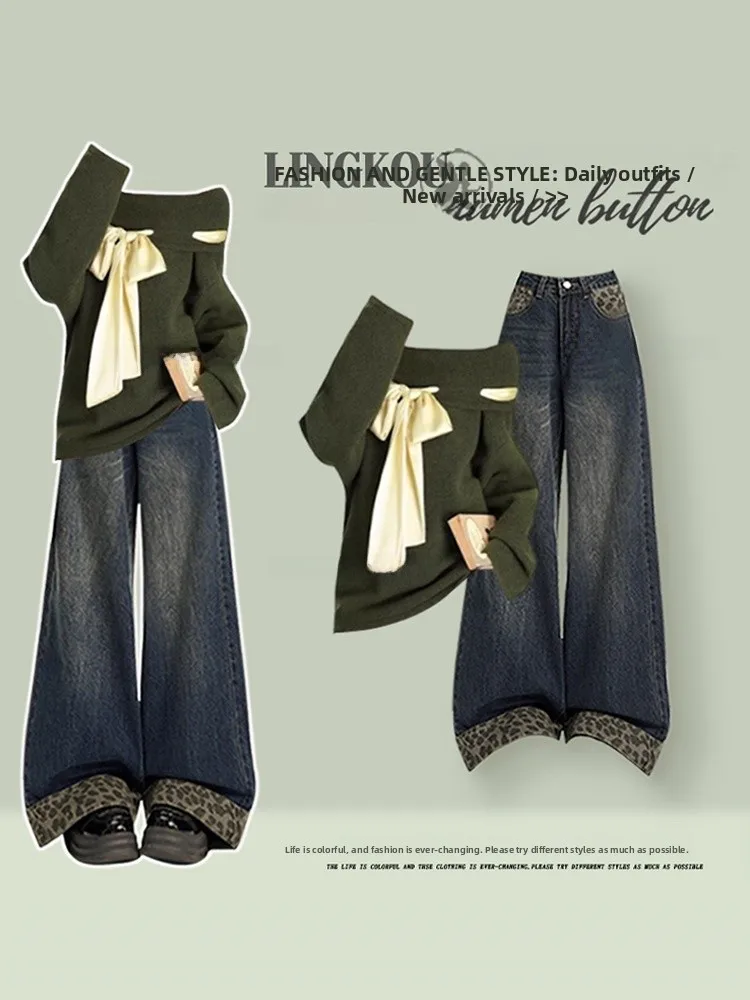 

Anti-Aging Large Size Knitted Sweater Set with Knot And Leopard Print Retro Jeans High Waist Long Sleeve V-Neck Cas...