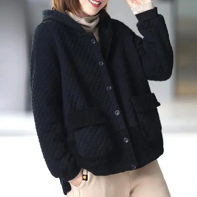 

Женская хлопковая куртка больших размеров, повседневная универсальная куртка с капюшоном, корейская одежда для поездок на работу, однотонная длина, свободная посадка