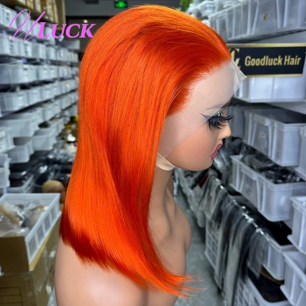 วิกผมบ๊อบสั้นตรงสีส้มขิง ยี่ห้อ Uluck แบบ Double Drawn  พร้อมเชือกผูกด้านหน้าขนาด 13x4  ถอนขนแล้ว  วิกผมแท้ 100%  พร้อมสวมใส่