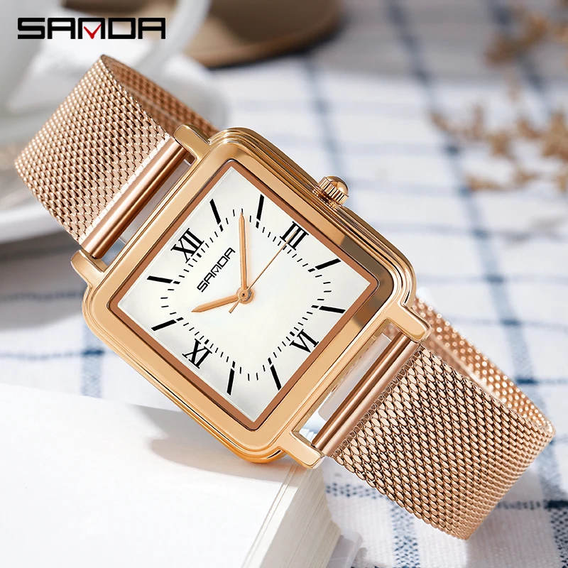 

Sanda Women's Retro Square Quartz Watch Roman Numeral Ladies Classic Vintage Stylish Leather And Mesh Band Wristwatch