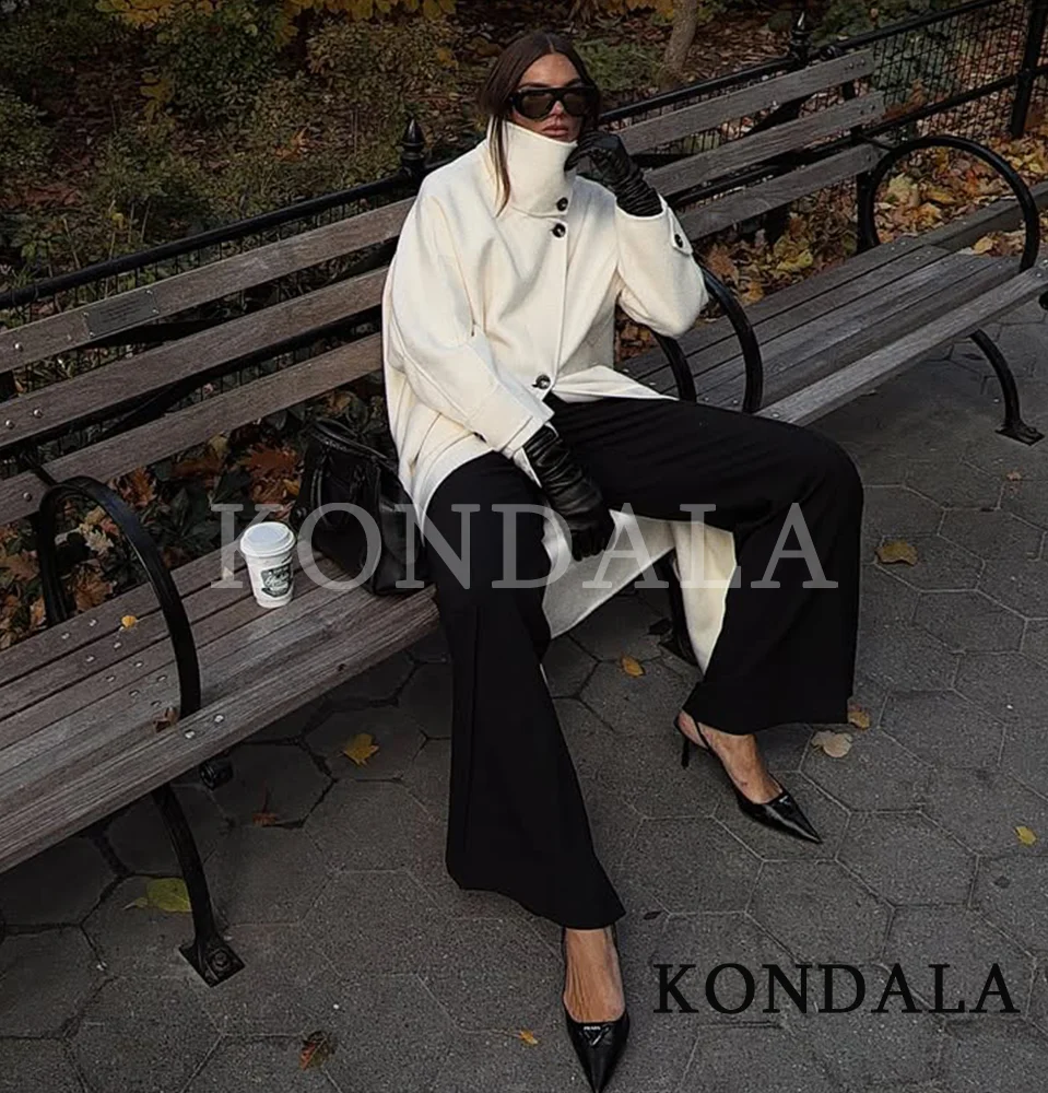 Kondala na moda gola alta casaco longo feminino high street elegante bege misturado casaco 2026 outono inverno moda comute casaco longo