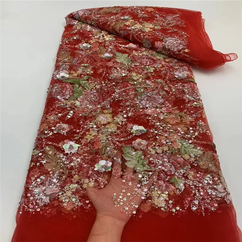 

High Quality Luxury Sequins Lace Fabric Embroidered Bead Tube Sequins Embroidered Mesh Lace Wedding Dress Designer Fabric