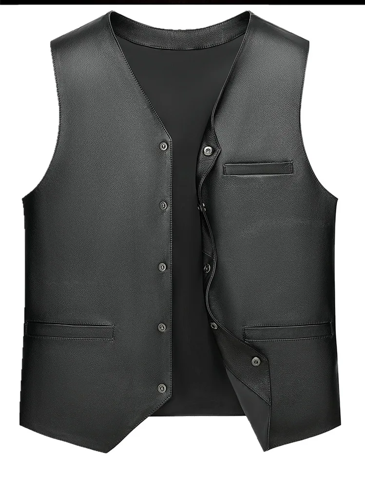 

2026 men's first layer of cowhide, slim-fitting leather V-neck, casual leather vest