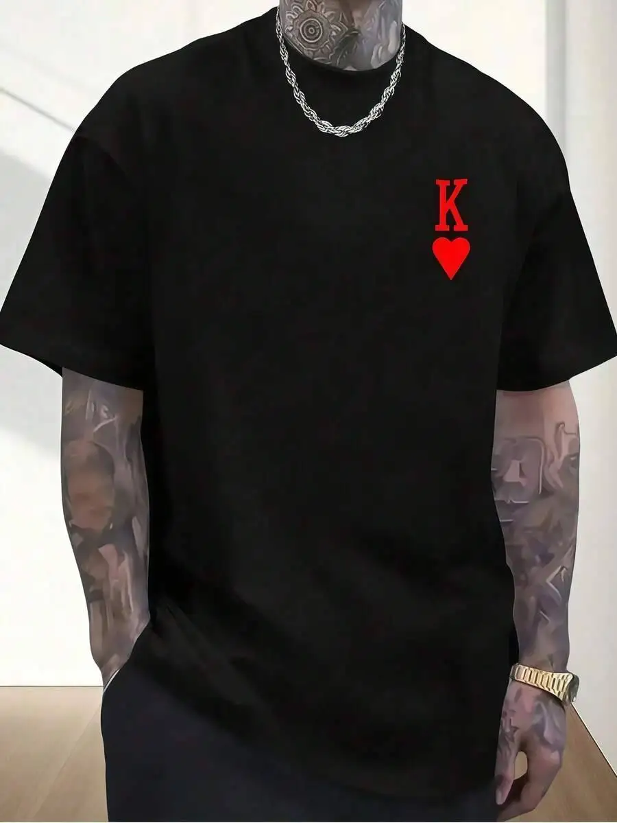 1Pc Mens Clothes King Heart Print Black Unisex Crew Neck Tshirt, Plus Size Men's Clothing 5XL, Lightweight 180Gsm 100% Cotton