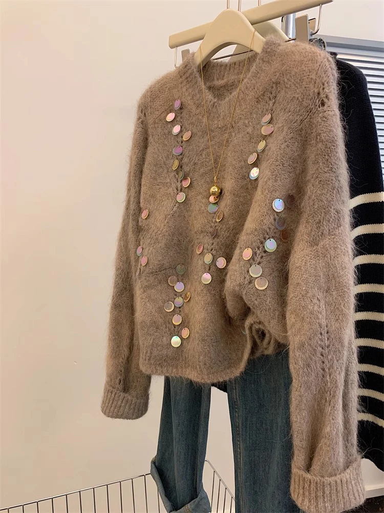 New Solid Color Fashion Long Sleeve Sweater Women High Street Casual Loose Hollow Out Sequined Chic Design Pullovers Top