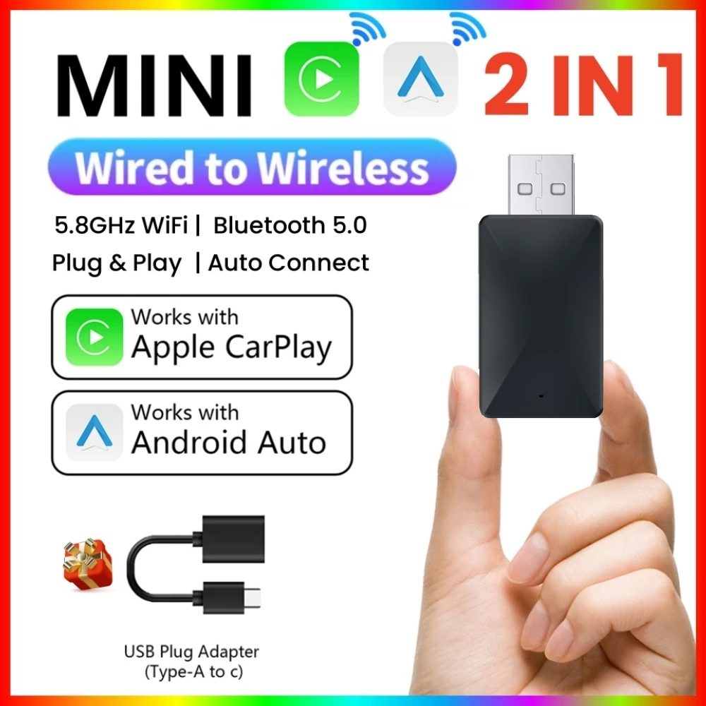 2 IN 1 CarPlay Smart Box Wired to Wireless Android Auto Adapter Car Play Dongle For Car Has CarPlay Android Auto Used by Cable