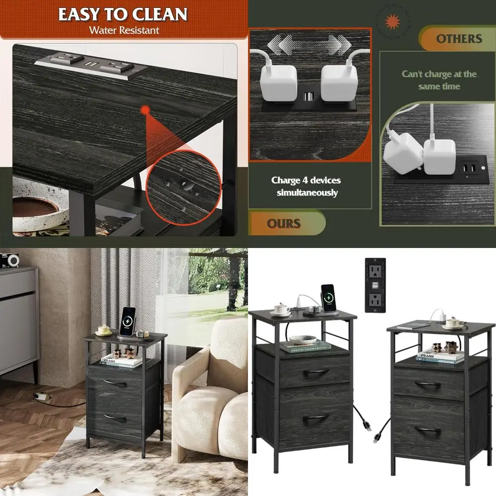 

Black Charging Station Nightstand, Bedroom Side Table with Fabric Drawers, USB Ports & Outlets