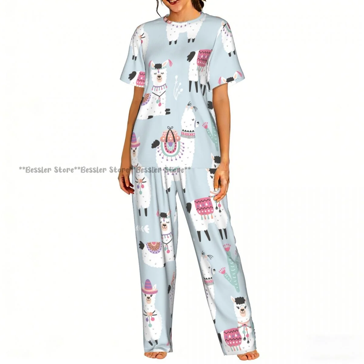 

Cartoon Llama Alpaca Pattern Pajamas Set Short-sleeved Women Home Clothing