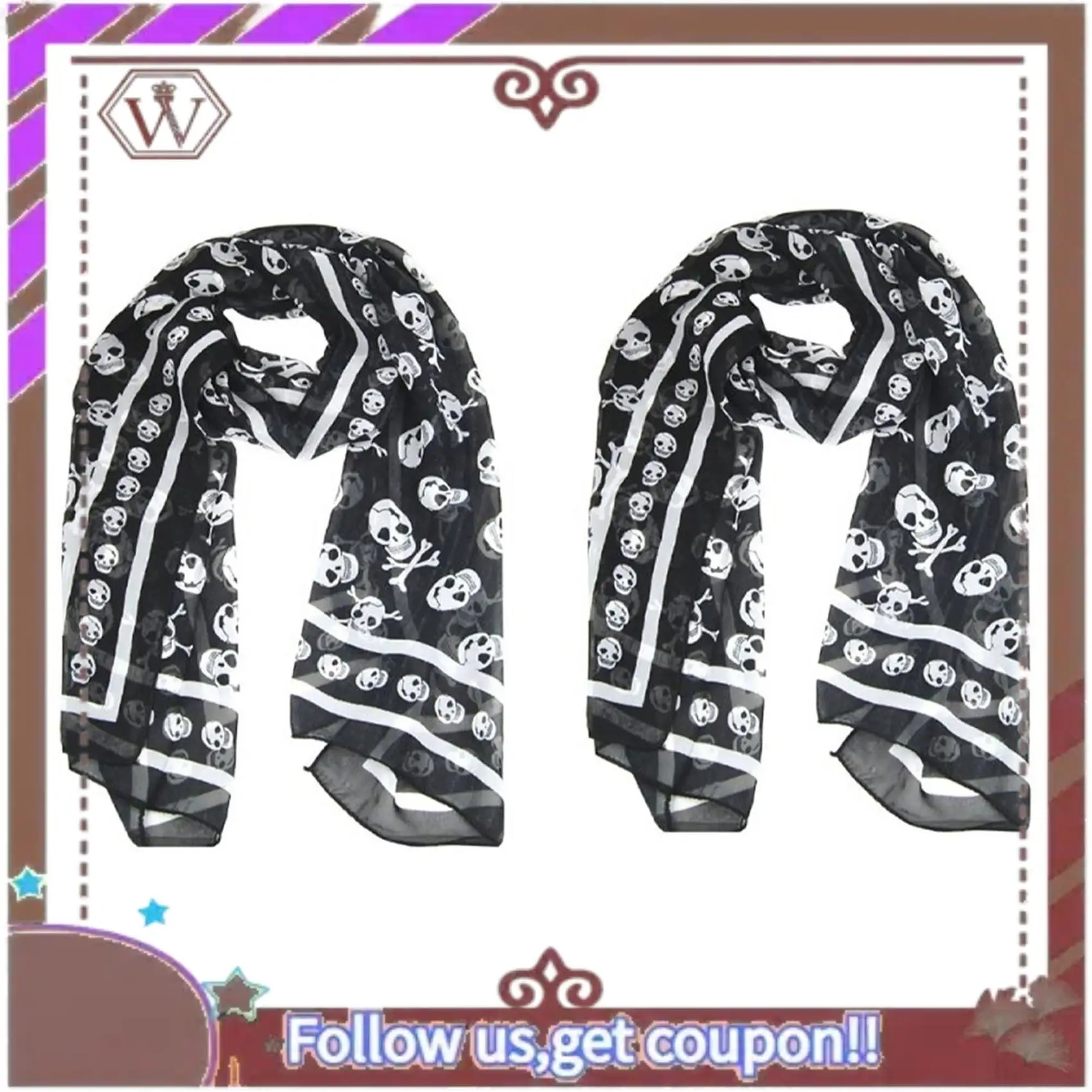 (ใหม่)-2X สีดําชีฟองผ้าไหม Skull พิมพ์แฟชั่นผ้าพันคอยาว Shawl Scaf สําหรับผู้หญิง + พวงกุญแจ