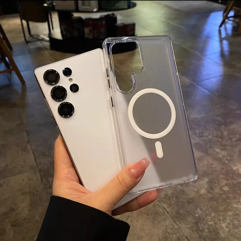 حافظة مغناطيسية أصلية شفافة غير لامعة لهاتف سامسونج جالاكسي S25 الترا بلس S24 شحن لاسلكي رفيع ونحيف مضاد للسقوط