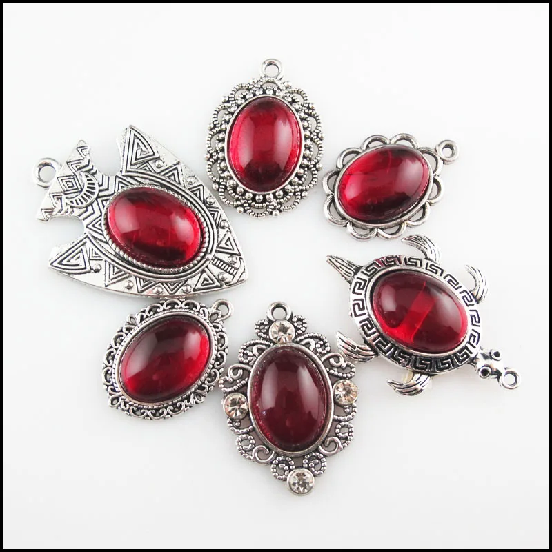 Fashion New Clover Shield Animal Tortoise Oval Charms 13x18mm Red Glaze Tibetan Silver Plated Pendants Retro