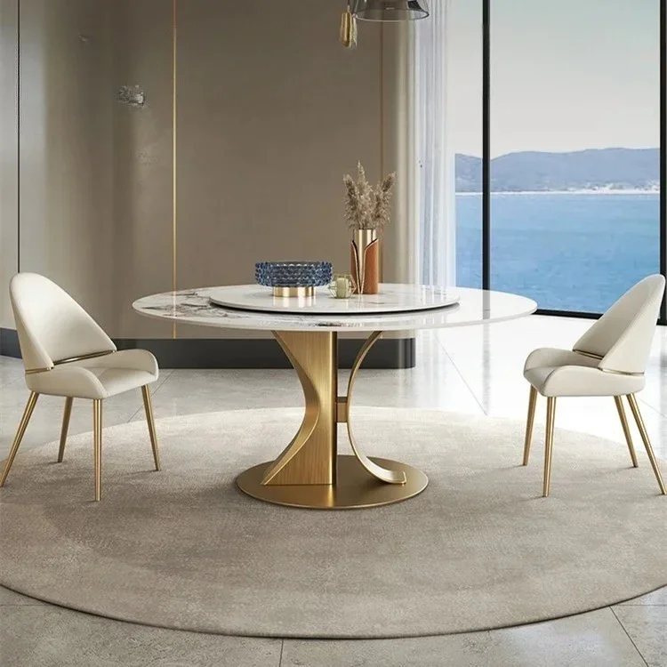 &Designer Luxury Round Dinning Marble Rock Slab Dining Table Set 4 6 Chairs Mesa Posta Furniture Meuble Stainless Steel Gold Bas