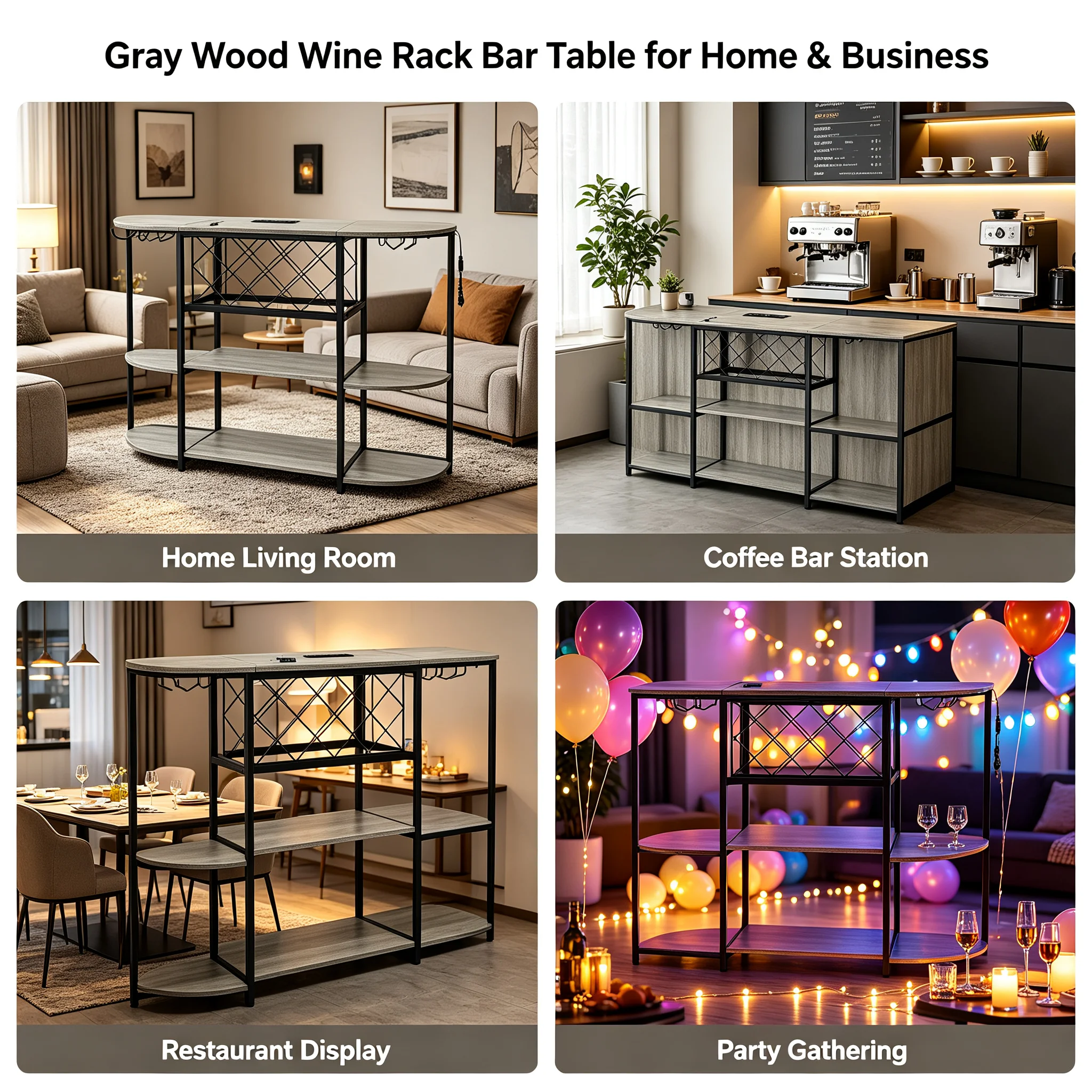 Wine Rack Table with LED Light, Metal Coffee Bar Cabinet with Outlet & USB, Freestanding Floor Storage Shelf for Home Kitchen Bar Restaurant, 176.37lbs Load