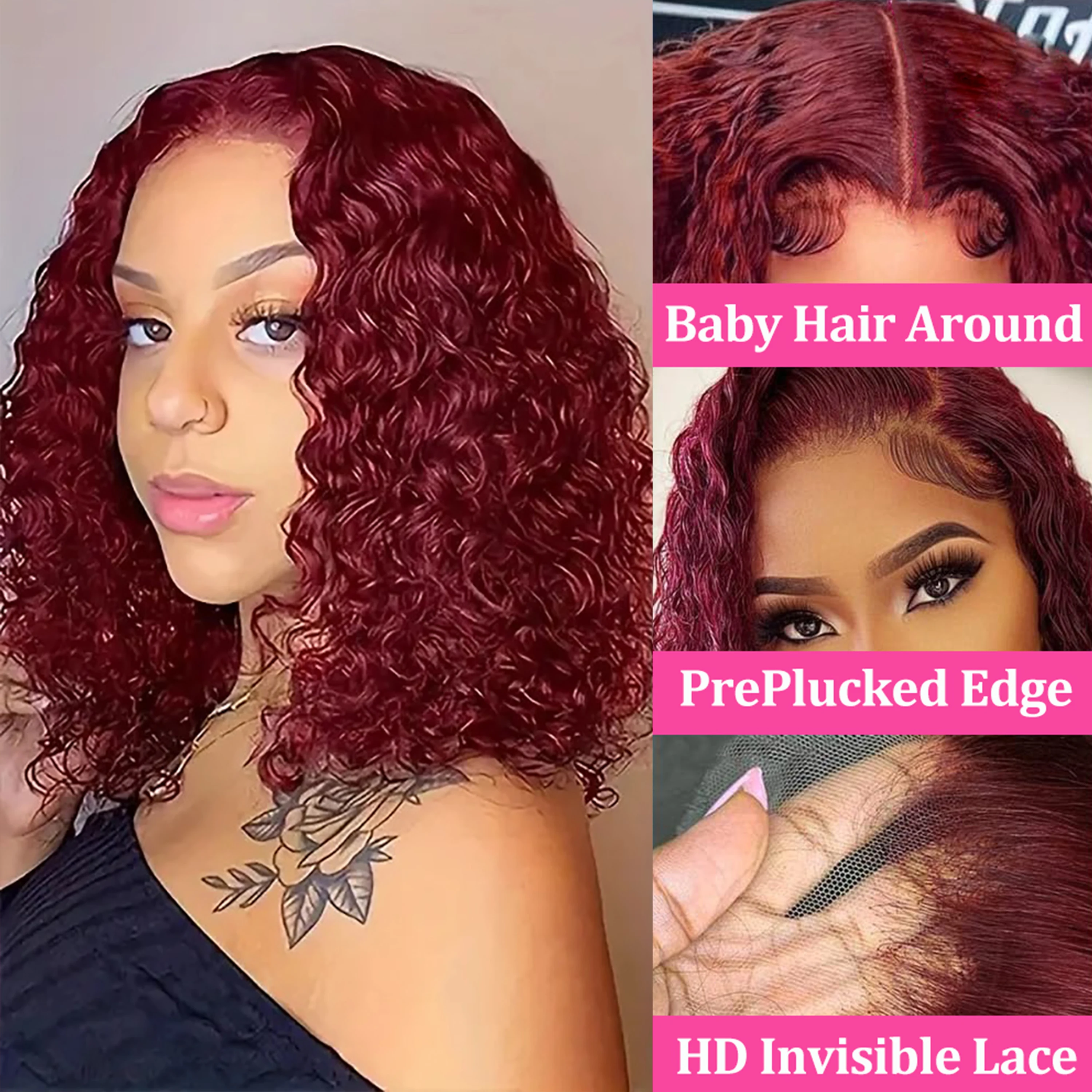 100% Human Hair 13x6 HD Lace Front Wig Deep Wave Bob Short Curly Wet and Wavy Deep Wave Bob Human Hair Lace Front Wig 13x6 for African  main image 2