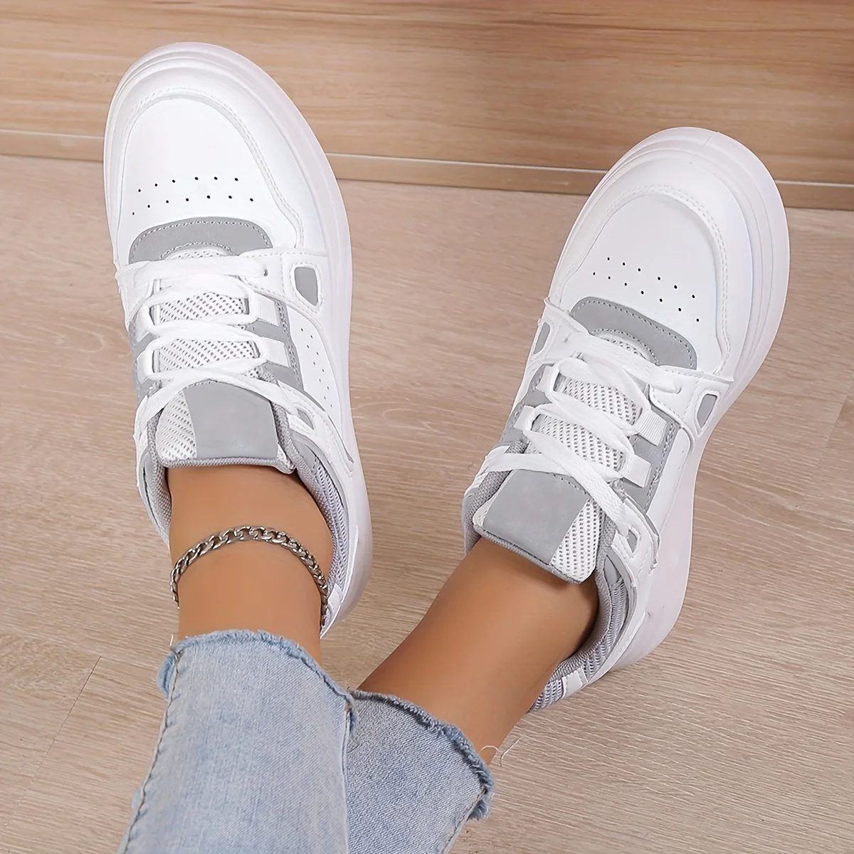 Spring Women Faux Leather Sneakers Lace Up Low-top Round Toe Thick Bottom Outdoor  Women Shoes Comfy Versatile Zapatos De Mujer