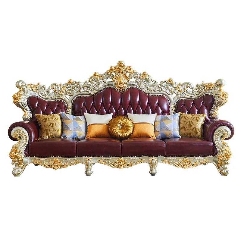 

European 124 leather carved sofa, all solid wood luxury high-end champagne gold living room villa whole house furniture