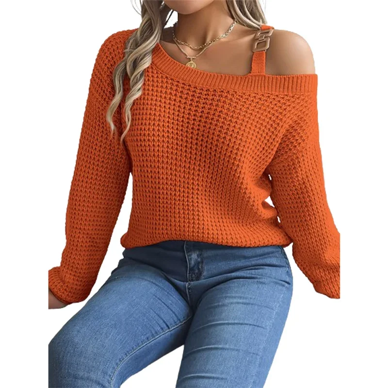 Women Metal Button Splicing Single Suspender Sweater Lantern Sleeves Knitted Jumpers Female Autumn Winter New Thickened Warm Top