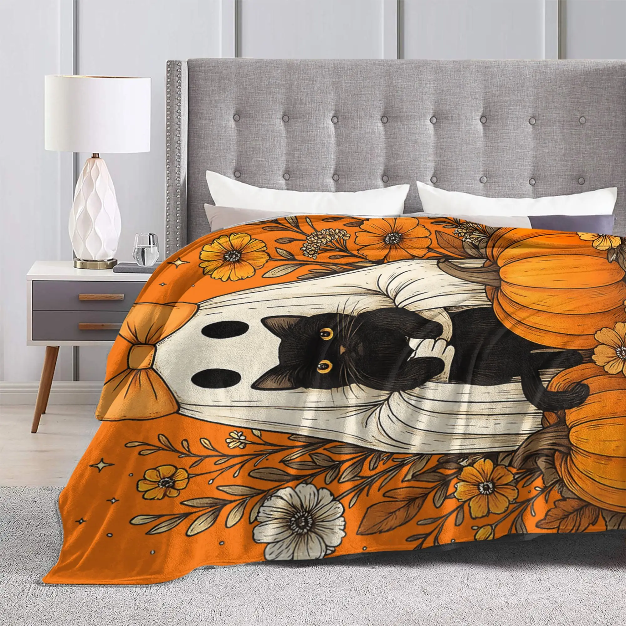 Halloween Ghost Holding Black Cat Flannel Blankets Groovy Floral Funny Throw Blankets for Bed Sofa Couch 200x150cm Rug Piece
