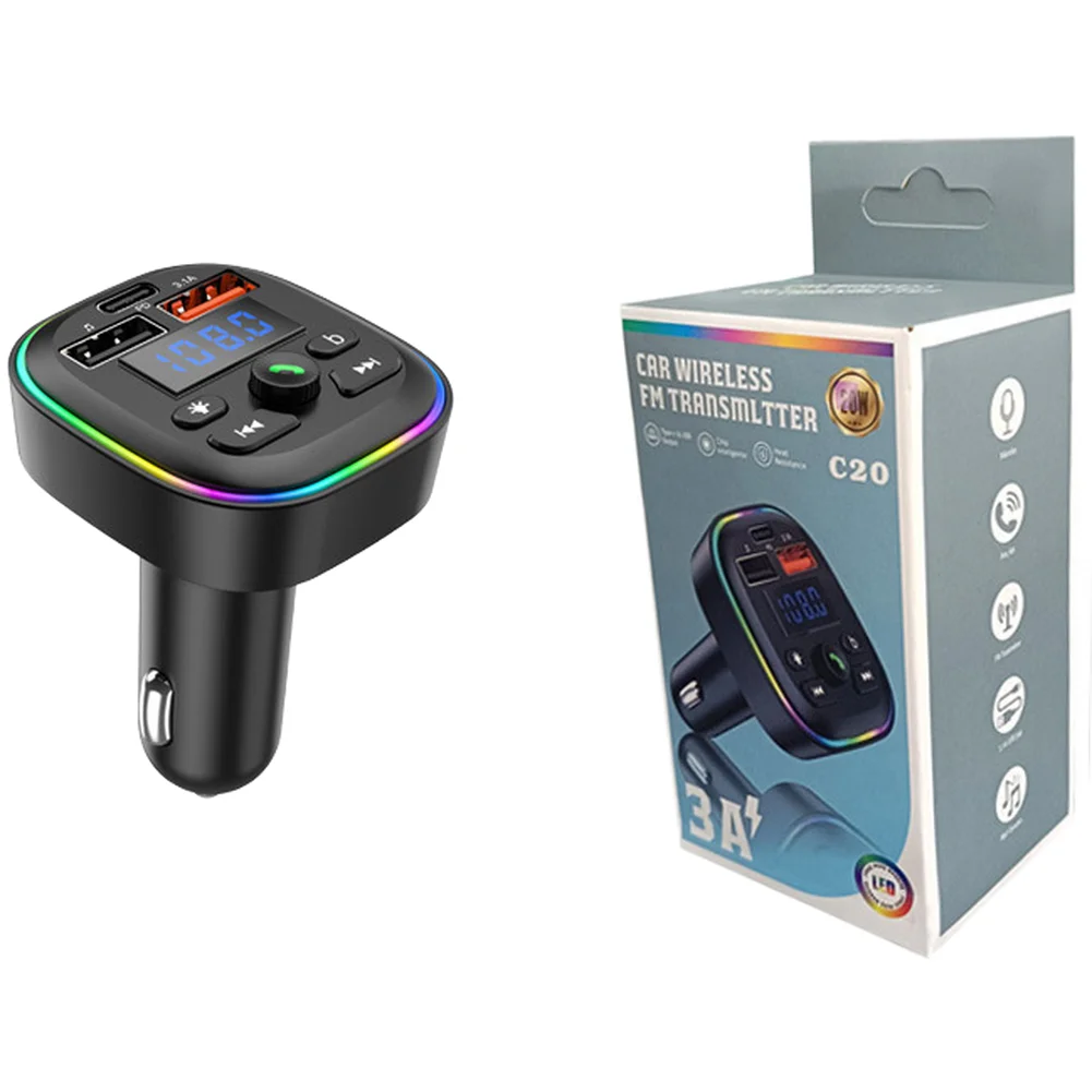 Car Charger with Wireless 5 Point 4 MP3 Player FM Transmitter Hands Calling and Dual USB Ports USB C Fast Charging