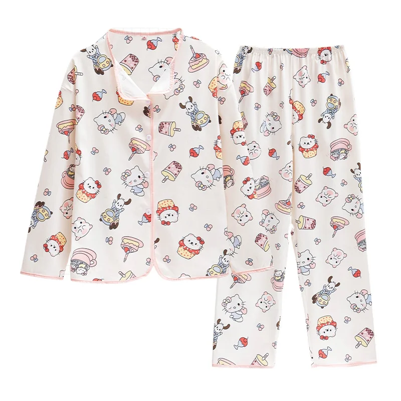 Sanrio Hello Kitty Milk Silk Neck Cardigan Pajamas Ladies Spring and Autumn Pacha Dog Long Sleeve Cute Loungewear