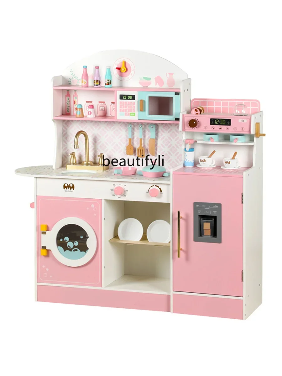 Kitchen toys full set simulation cooking wooden girl play house coffee machine refrigerator set combination