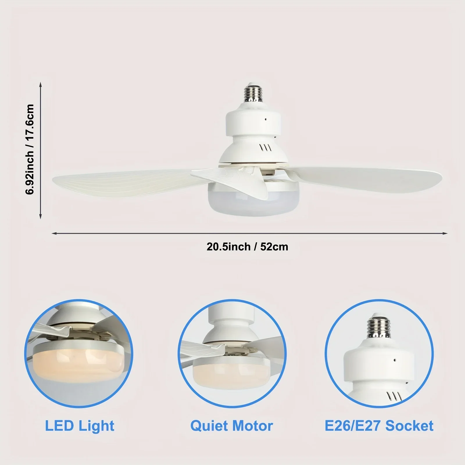 LED 40W Socket Ceiling Fan with Light, 20.5in Screw Ceiling Fans with Lights with Remote, for Bedroom/Garage/Kitchen