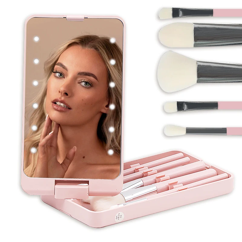 Specchio LED LightingTouch Screen portatile da toeletta pennelli per trucco pennello per ciglia per specchio per il trucco di bellezza con pennelli da 5 pezzi