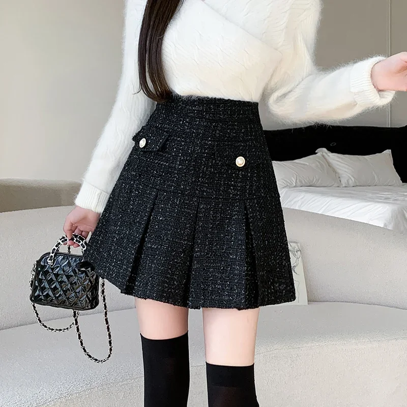 

Black Tweed Pleated Skirt Women High Waist A-line Short Mini Skirts Autumn Winter Korean Woolen Skirts Preppy Pockets Jupe