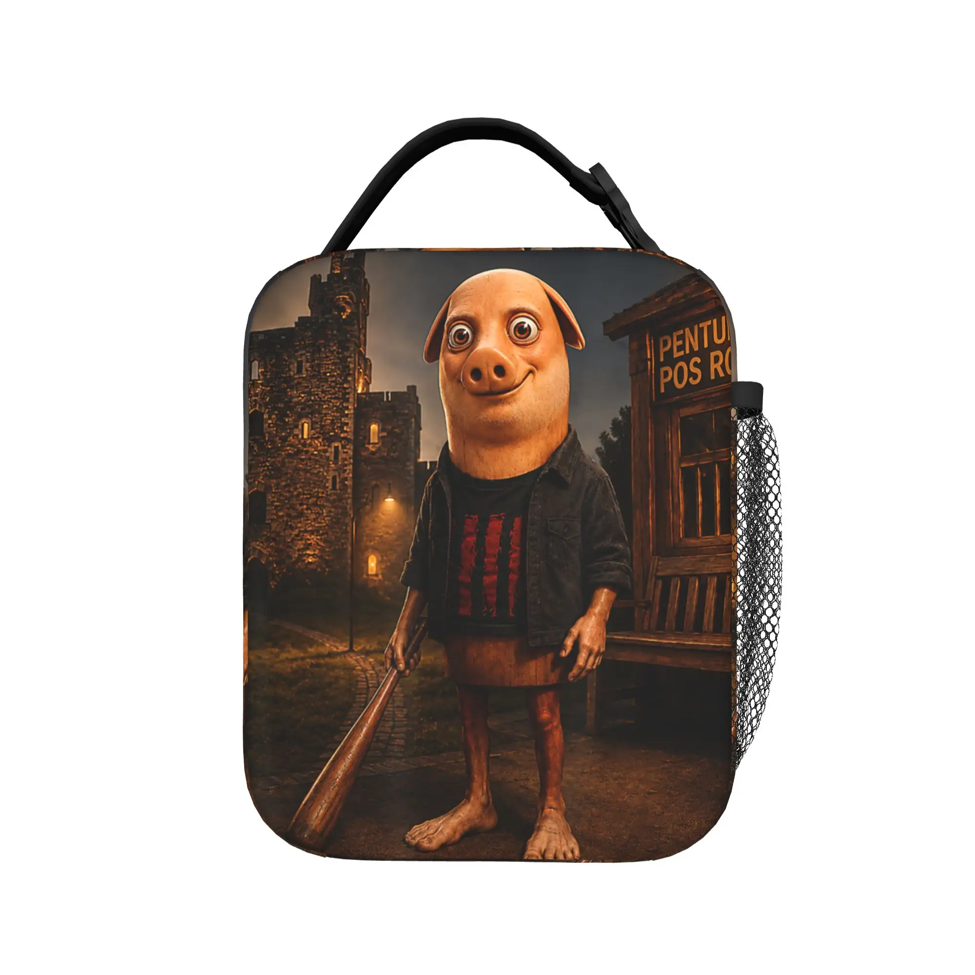 Tung Tung John Pork Funny Parody Brainrot Meme Lunch Bag Portable Lunch Box Men School Custom Cooler Bag Thermal Tote Handbags