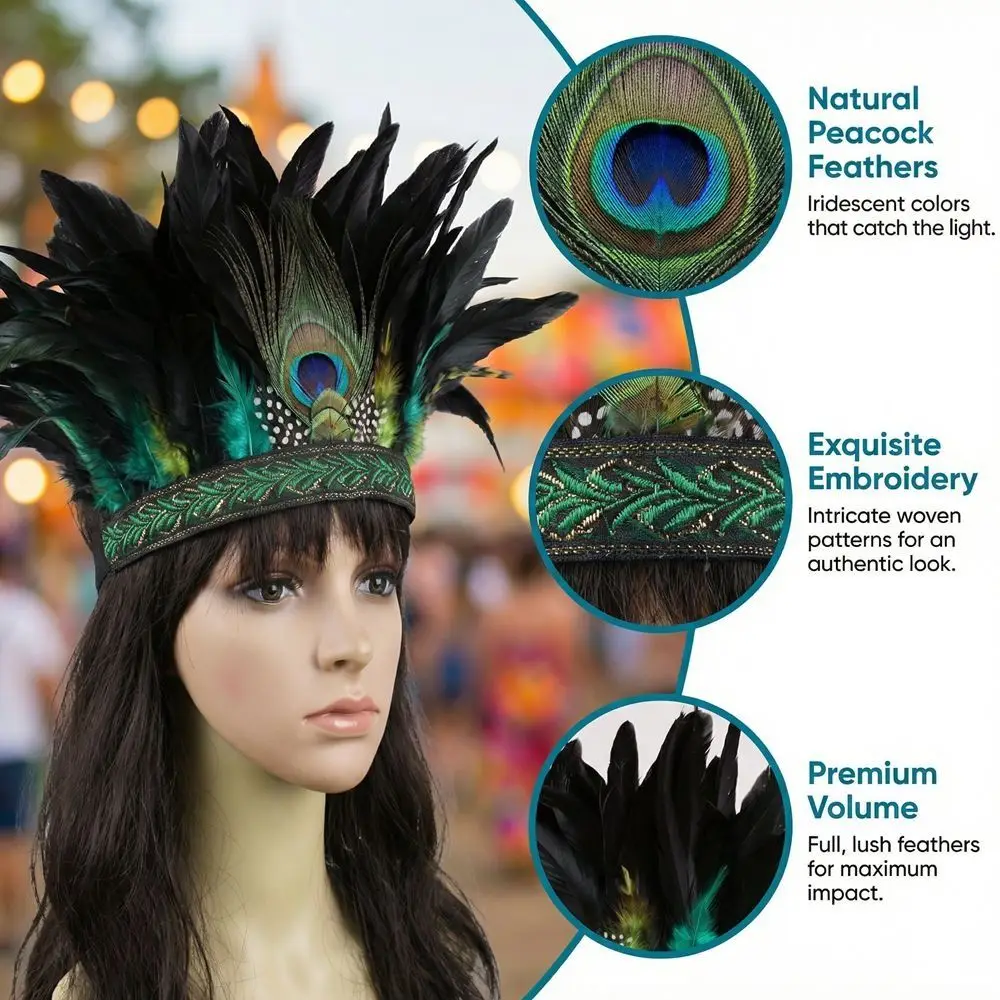 

Красочный индийский головной убор из перьев с ремешком, индийская повязка на голову, аксессуары для волос, фасцинатор, головной убор для костюма павлина