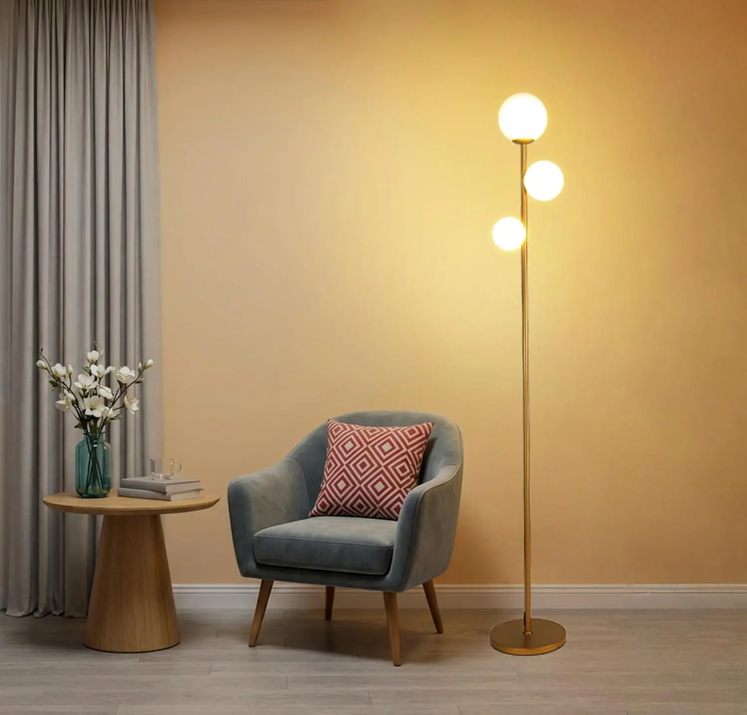 MidCenturyModern 3Globe AntiqueBrass GoldTone Tall Floor Lamp, FrostedGlass Shades, LED Bulbs Included, FootSwitch Control, For LivingRoom, Bedroom & Office