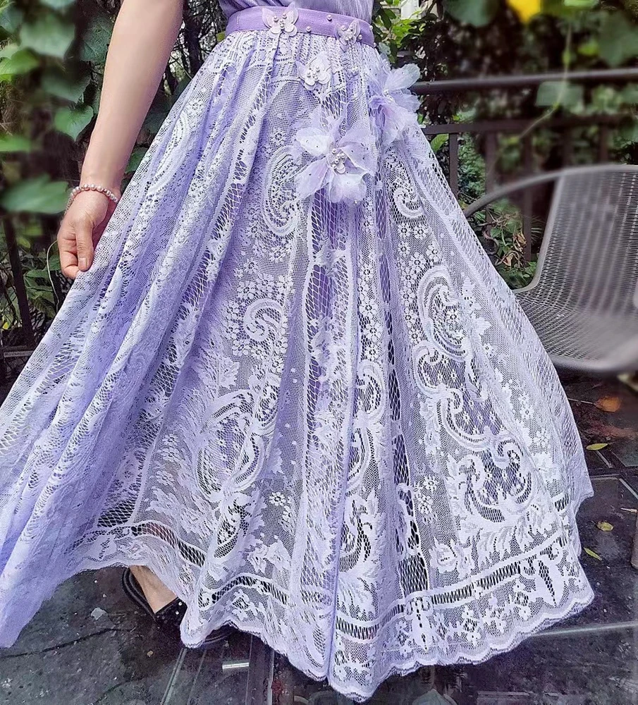 Luxury 3D Flowers Lace Crochet Embroidery Mid-length Skirt 2024 Autumn Heavy Industry High Waist Big Swing Skirt Women's Skirt