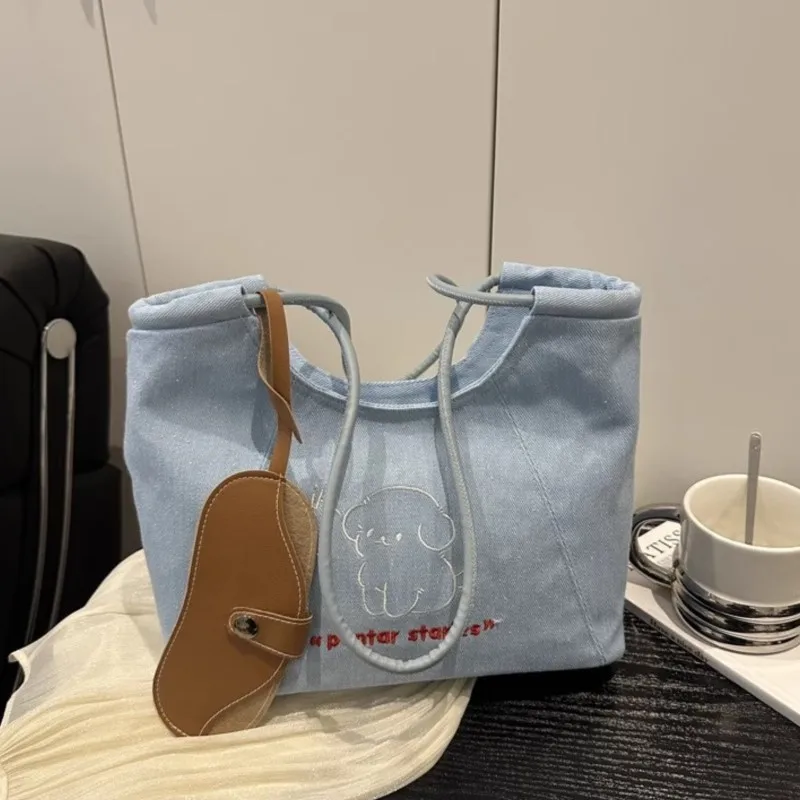 JIAERDI Korean Cartoon Puppy Tote Bag Women Large Capacity Denim Canvas Shoulder Bag Ladies Sweet Cute Blue Handbag Underarm Bag