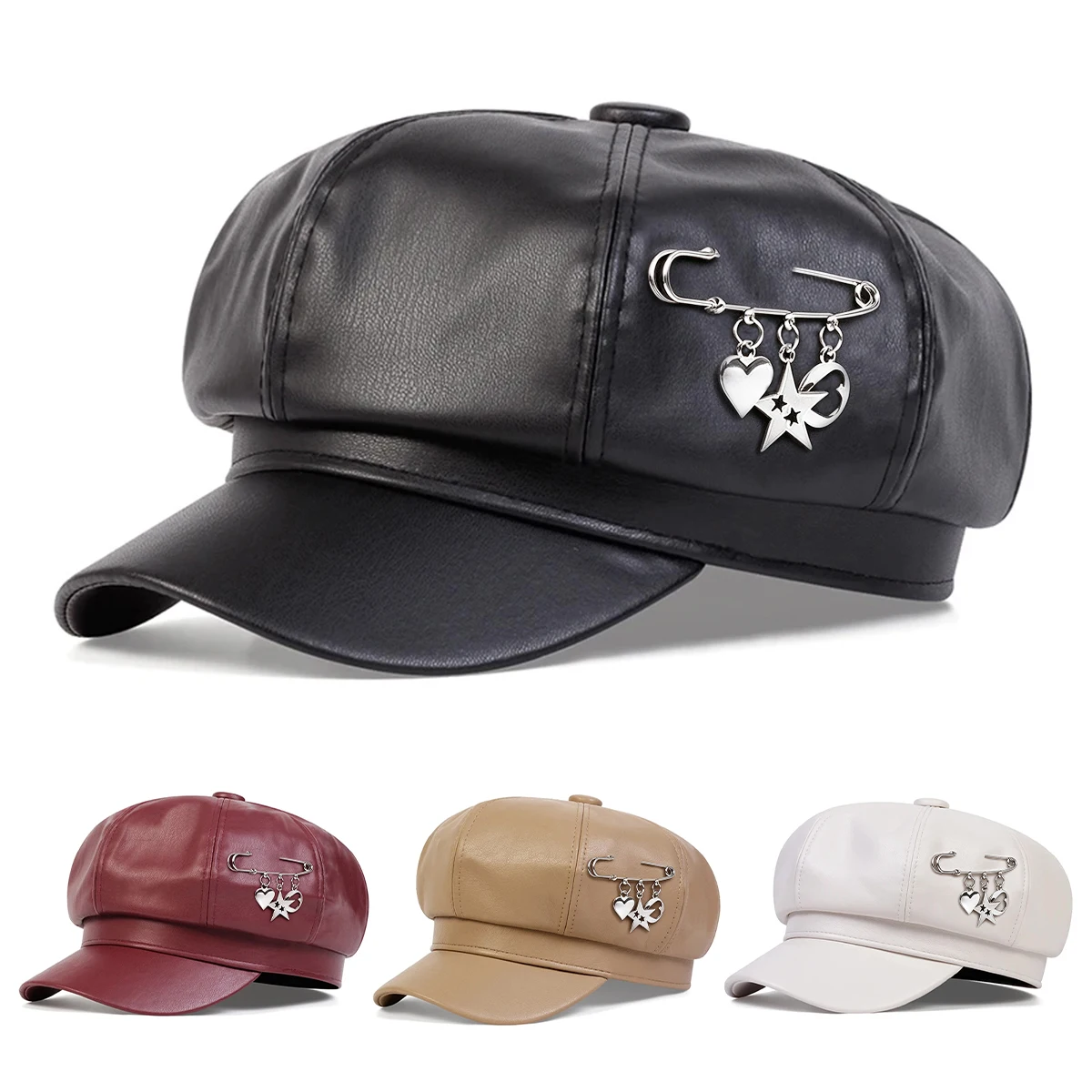 Unisex Love Pin PU Leather Newsboy Hat Spring and Autumn Retro Beret Hats Wild Casual Hats Octagonal Cap