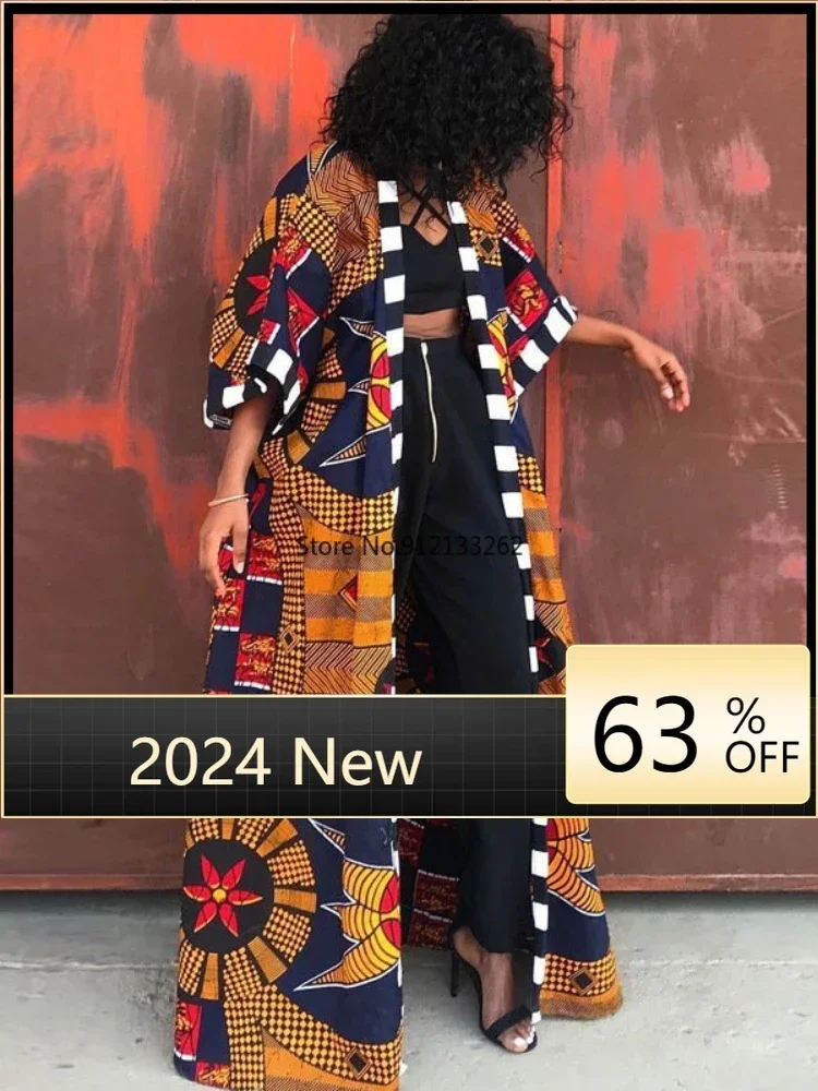 Plus Size Damski Geometryczny Afro Print Regularny Luźny Trencz Z Długim Rękawem Konwencjonalny Kołnierz Modny Płaszcz Wakacyjny