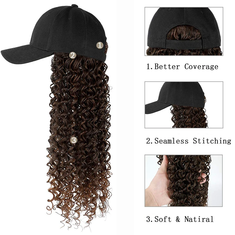 Hat Wig for Women Black Baseball Cap with 16in Hair Extensions Adjustable Wig Hat Kinky Curly Seamless Connection Hairpiece