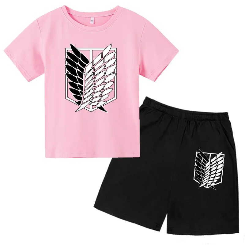 Attack The Giant Children\'s Clothes Sports Set Girls Suit Pure Cotton T-Shirt+Shorts Toddler Boys Fashion 4T-14T Summer