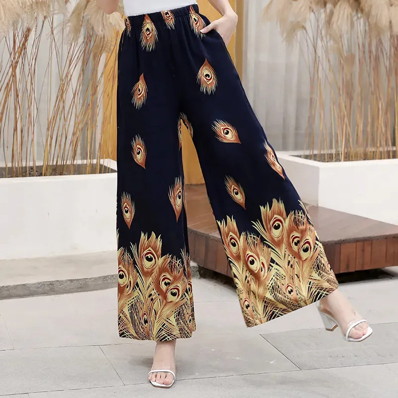 

Middle-Aged Women Skirt Pants Spring Summer Loose Wide-Leg Pants High Waist Cotton Ninth Pants Fashion Printing Pants Female