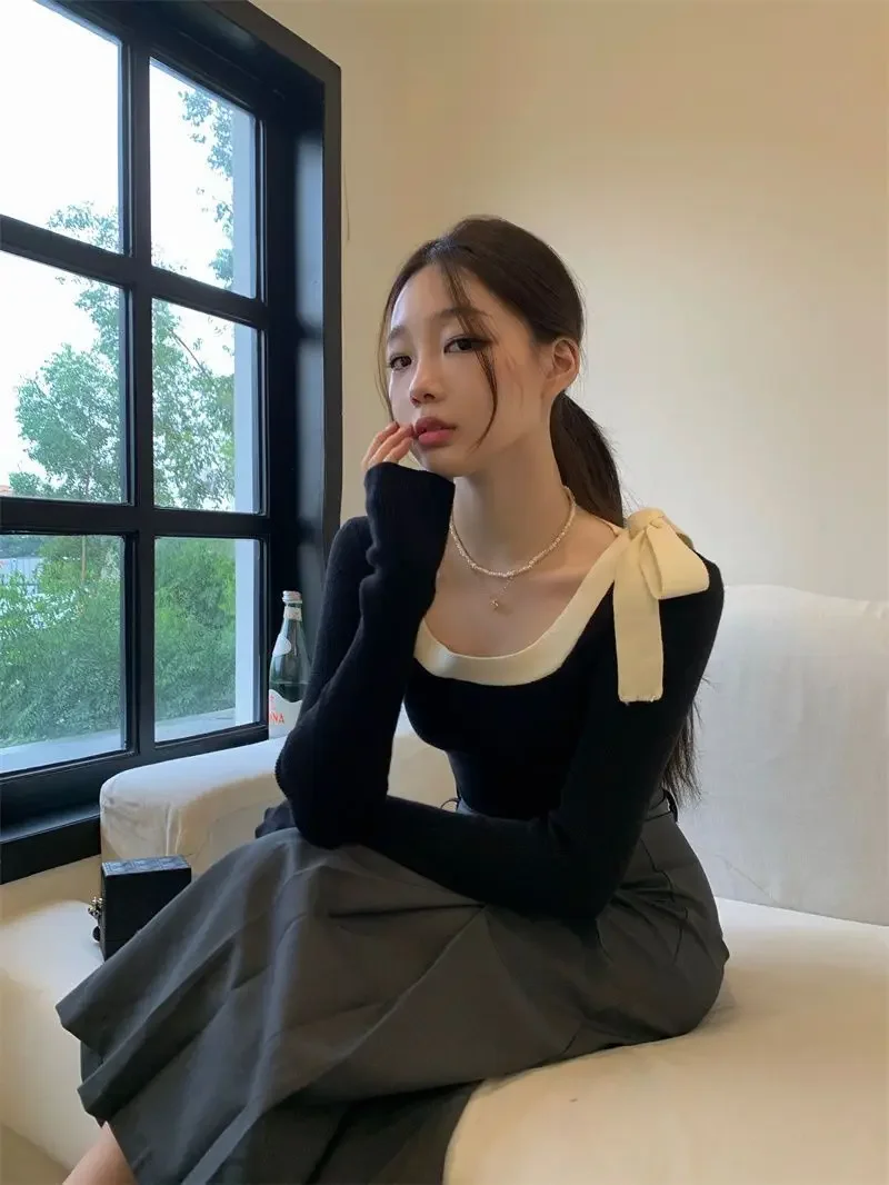 Slim Vintage Bow Bandage Top French Style Sueter Mujer Jersey Square Collar Sweaters Crop Spring New Black Sweater White Shirts