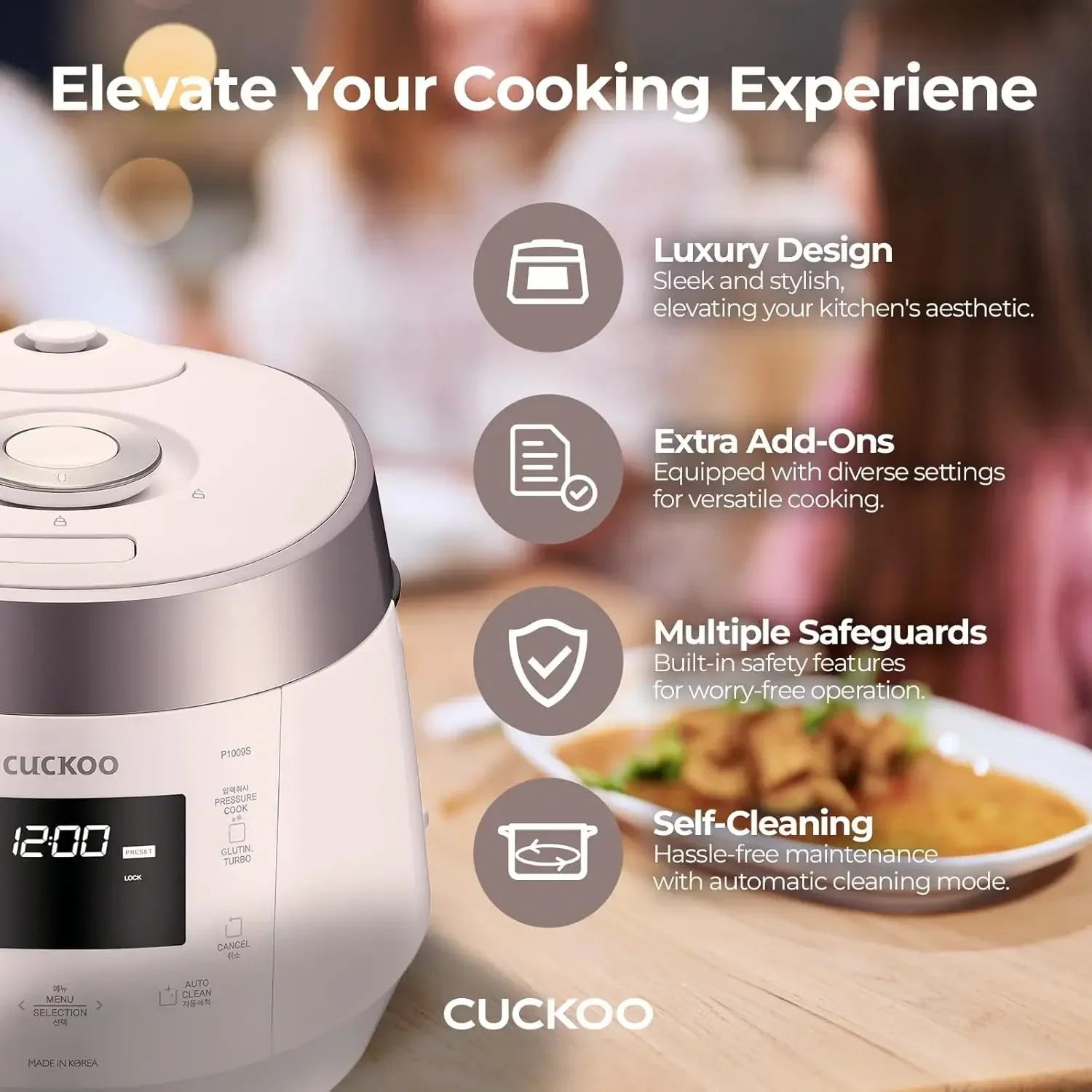 

Cuckoo Heating Pressure Cooker & Warmer – 12 built-in programs, Glutinous (white), Mixed, Brown, GABA rice, and more, 10 cups