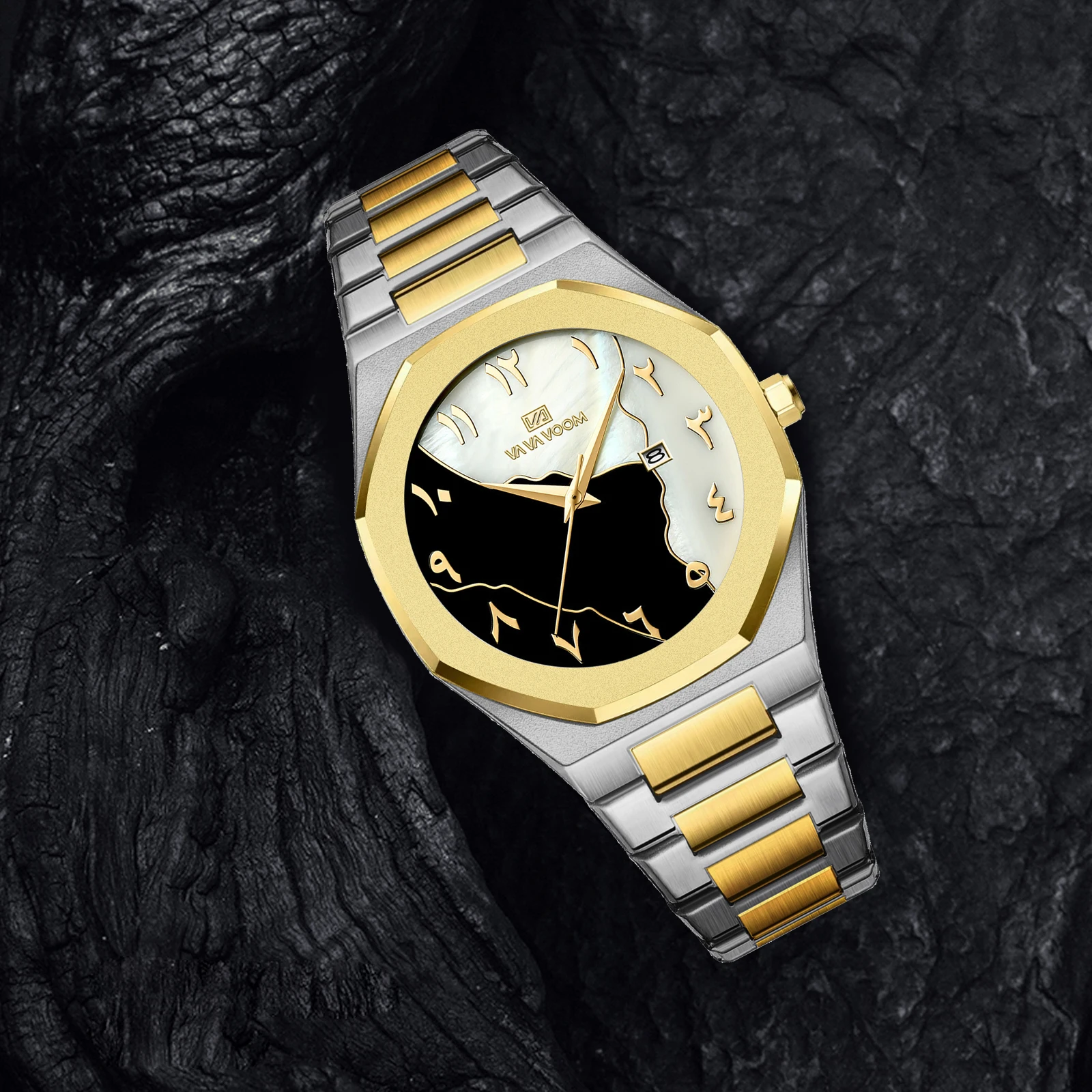 Men Fashion Octagonal Wristwatch Dial Date 3Bar Waterproof Quartz Business Case Two‑Tone Stainless Steel Male Watch Reloj Hombre