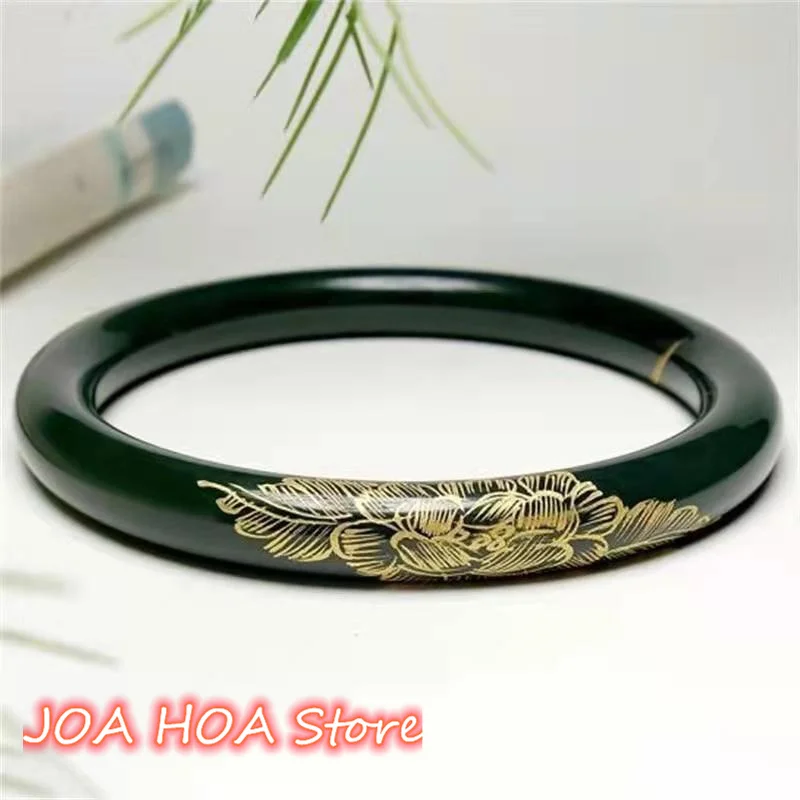 Natural Hetian Qing Green Jade Bangle Gilt Sapphire Carved Flower Bracelet Women's Exquisite and Oily Round Bar Handring Jewelry