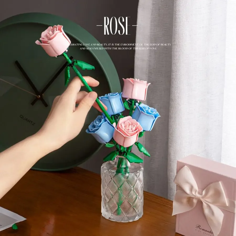 

Романтический букет роз из строительных блоков: вечная модель для сборки, пластиковые кирпичики в виде растений, декор для дома, подарок на День матери, День рождения, Рождество