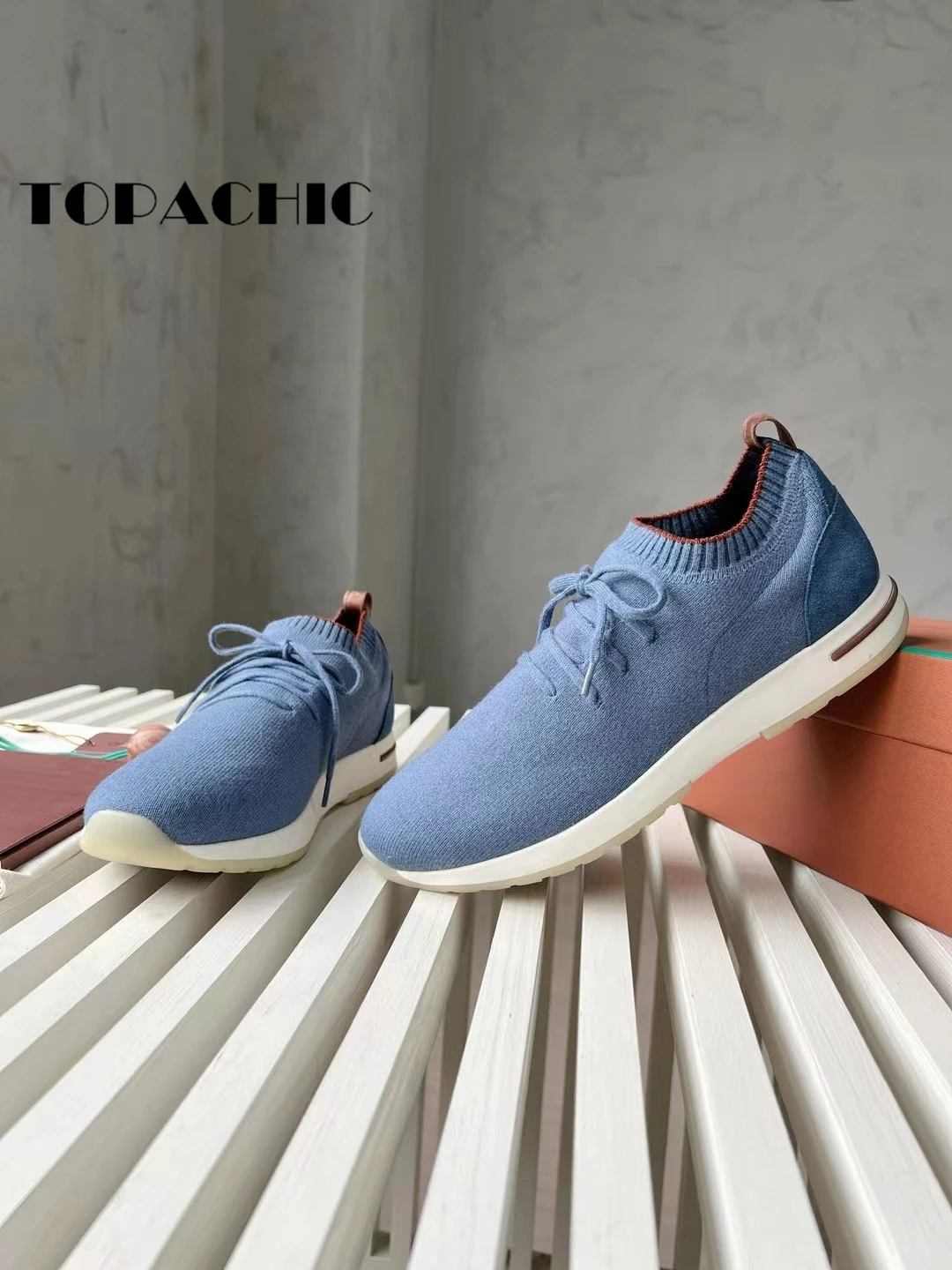 12.20 TOPACHIC Men\'s Stretch Knitted Wool Sneakers Lace-Up Rubber Outsole Casual Running Shoes